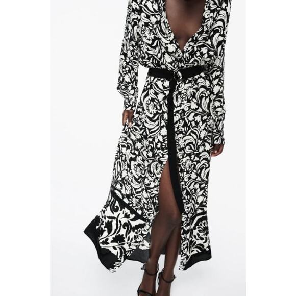 Zara Floral Printed Button Front Maxi Shirt Dress Black White Women's Size XL - Picture 2 of 7